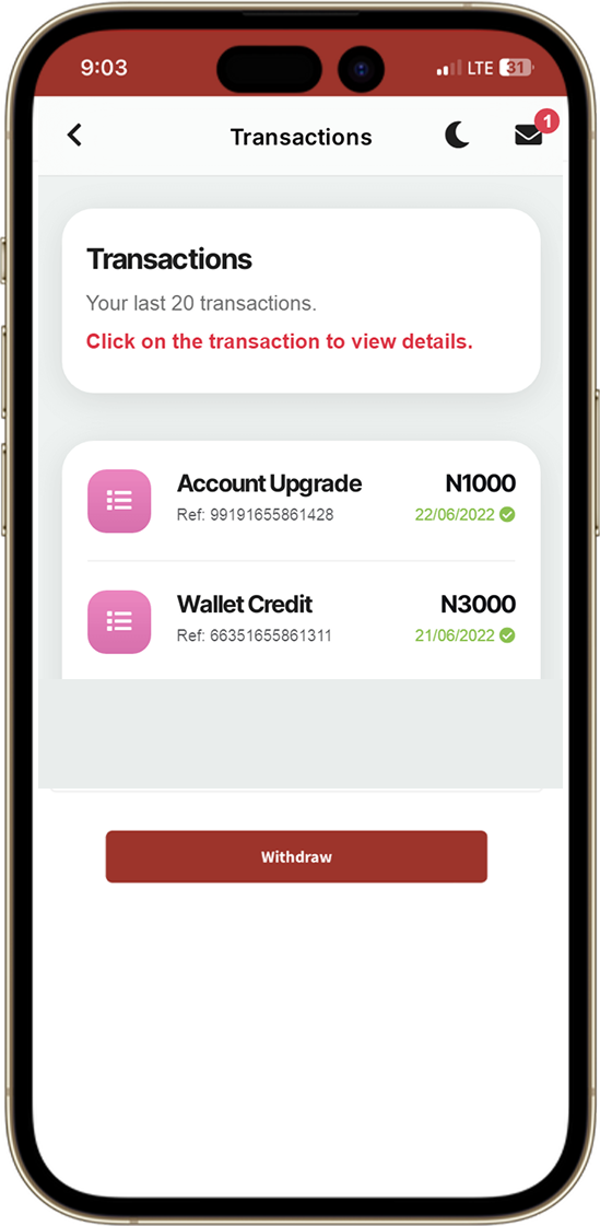 Withdraw to bank screenshot